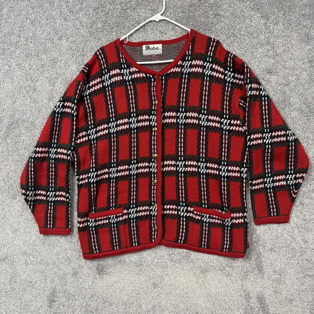 Vintage 80s Kobe Cardigan Sweater Womens 3X Red Tartan Coastal Christmas Holiday